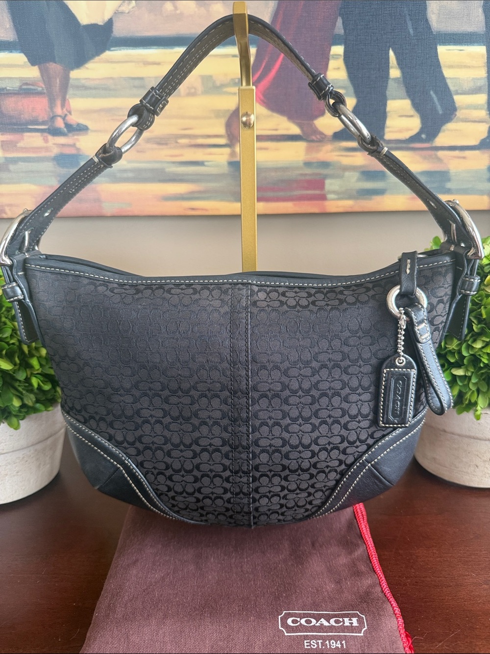 COACH F05N-1460 🖤BLACK🖤 VINTAGE SIGNATURE JACQUARD LEATHER HOBO BAG 🌟EUC🌟 - Picture 3 of 17